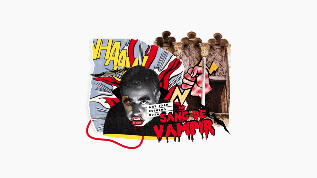 collage estil art pop anys 60 amb un vampir