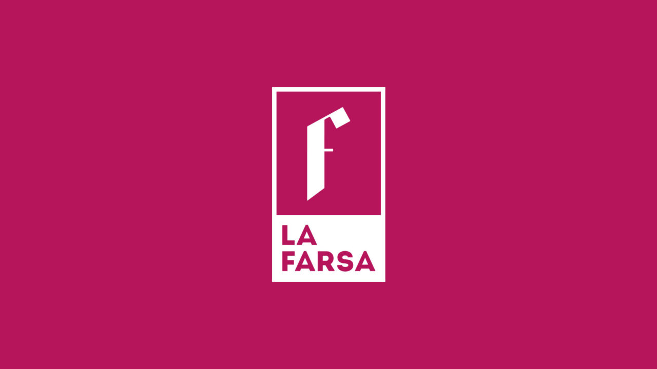 Portada logotip grup de teatre La Farsa amb fons color vi