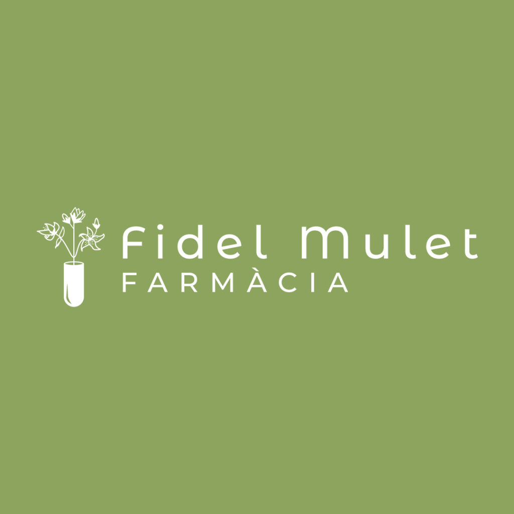 Logotip farmàcia Fidel Mulet amb fons de color verd i lletres blanques