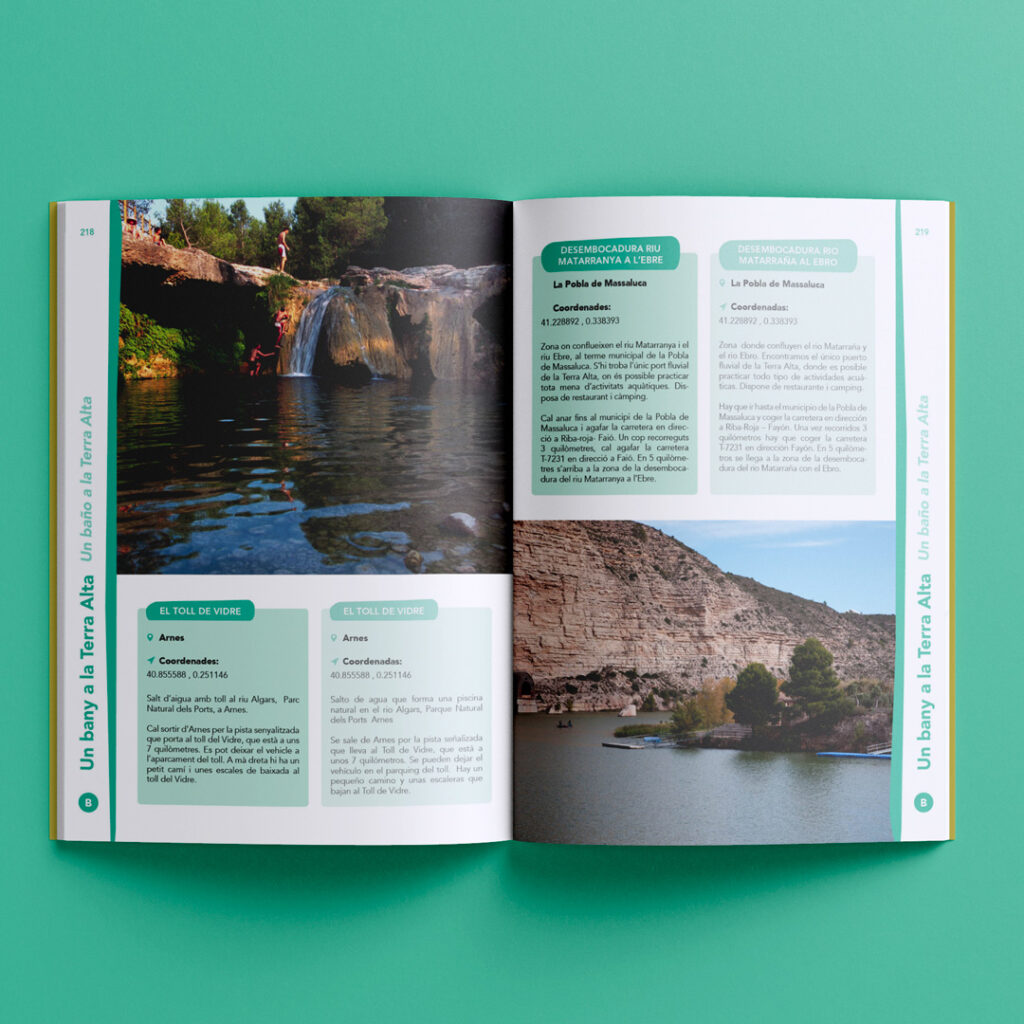 Doble pàgina de l'apartat de zones de bany al llibre Experiències turístiques a la terra alta sobre un fons de color truquesa