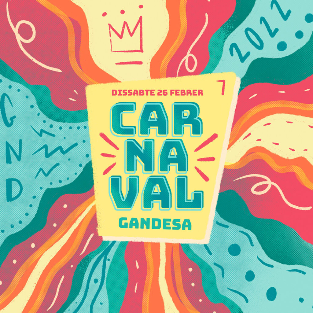 Detall del títol del cartell de carnaval 2022 a Gandesa sobre una pastilla de color groc i unes línies de colors al fons.