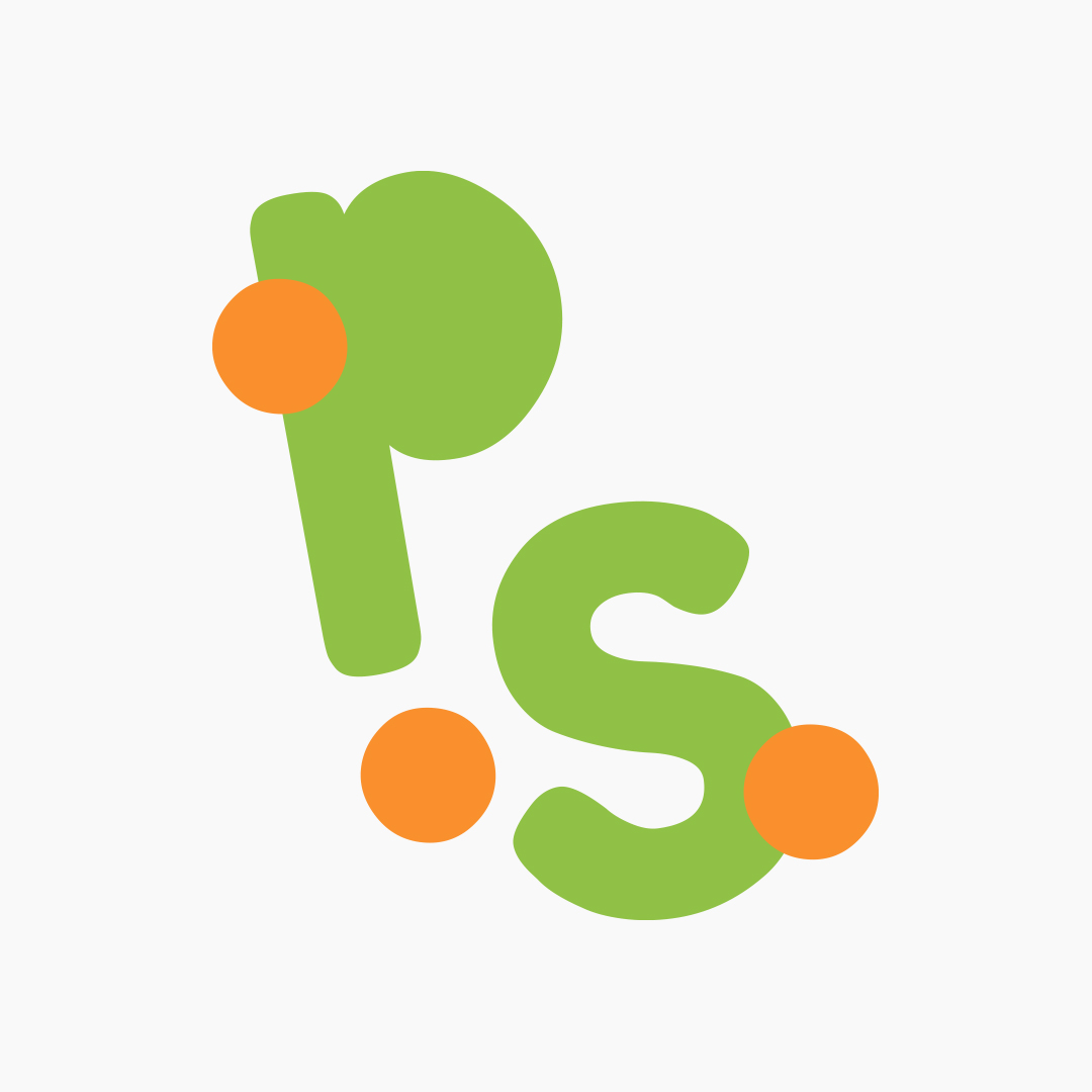 Simbol alternatiu de Punt Sud conformat per una P i una S verdes i acompanyades per 3 punts taronja