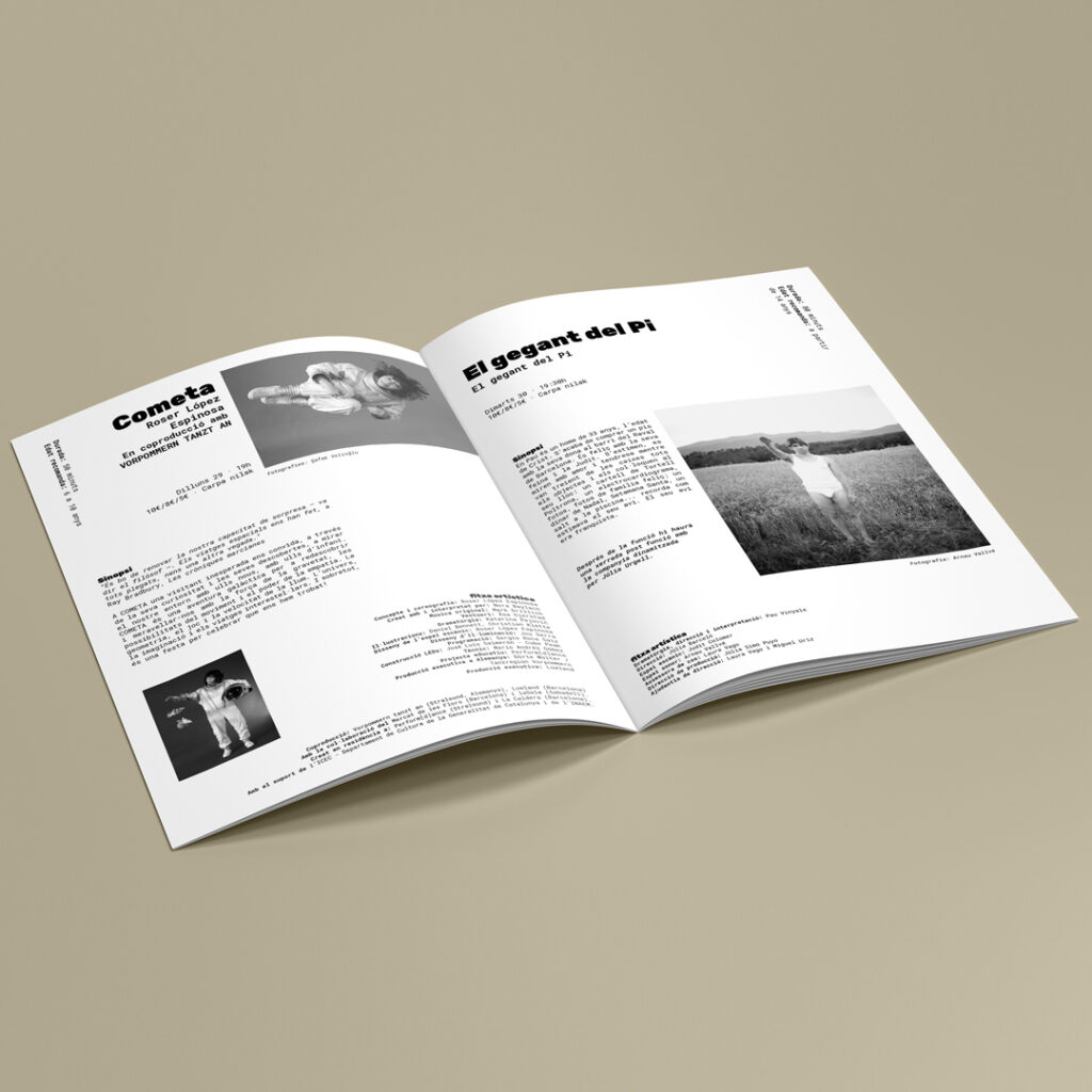 Revista oberta a doble pàgina amb la programació de nilak sobre un fons marró