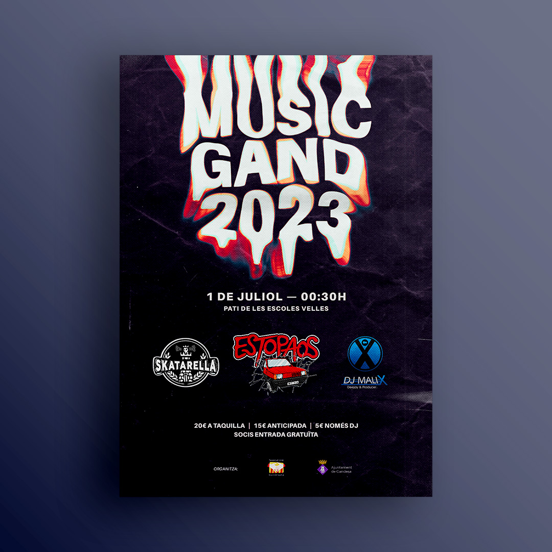 Cartell MusicGand 2023 sobre un fons blau fosc