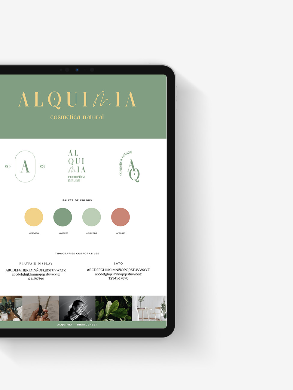 iPad amb el brandboard d'Alquimia, que conté el logo, el simbol, la paleta de colors i les tipografies corporatives