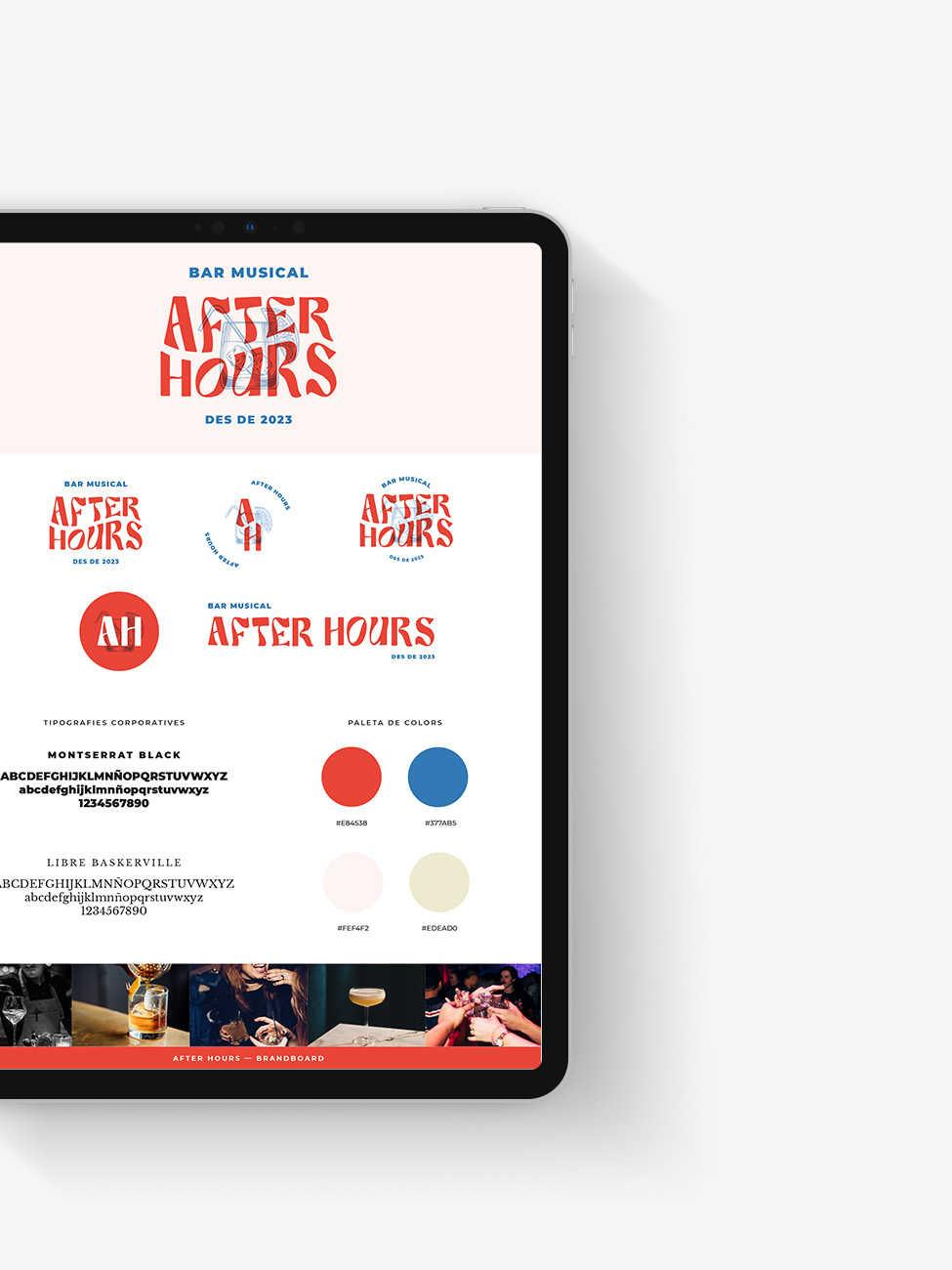 iPad amb el brandboard d'After Hours, que conté les versions del logo, les tipografies corporatives, els colors i unes imatges