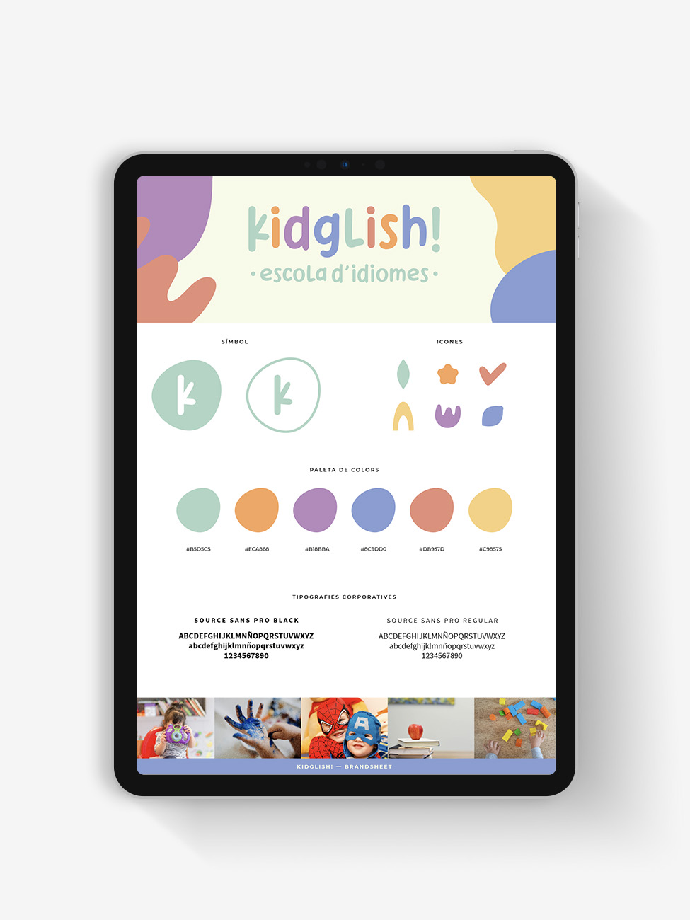 iPad amb el brandboard de Kidglish!, on hi ha el logo, els símbols, les icones, la paleta de colors i les tipografies corporatives