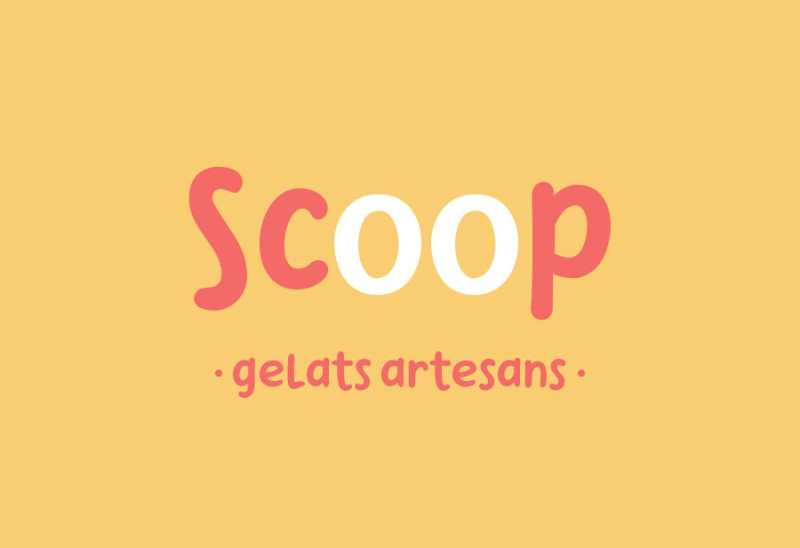 Logotip d'Scoop amb lletres blanques i rojes sobre un fons groc