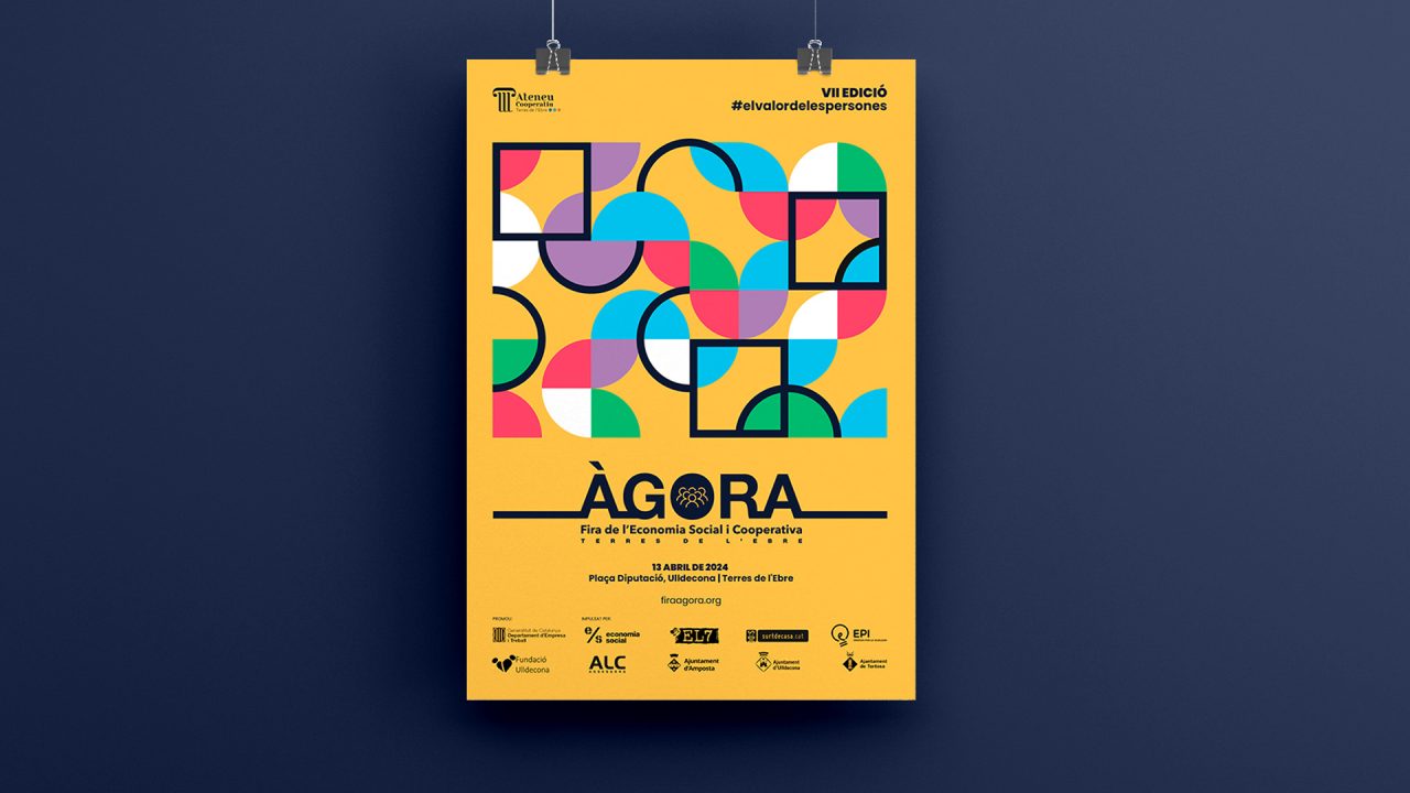 Poster de color groc amb formes geomètriques sobre un fons de color blau mari