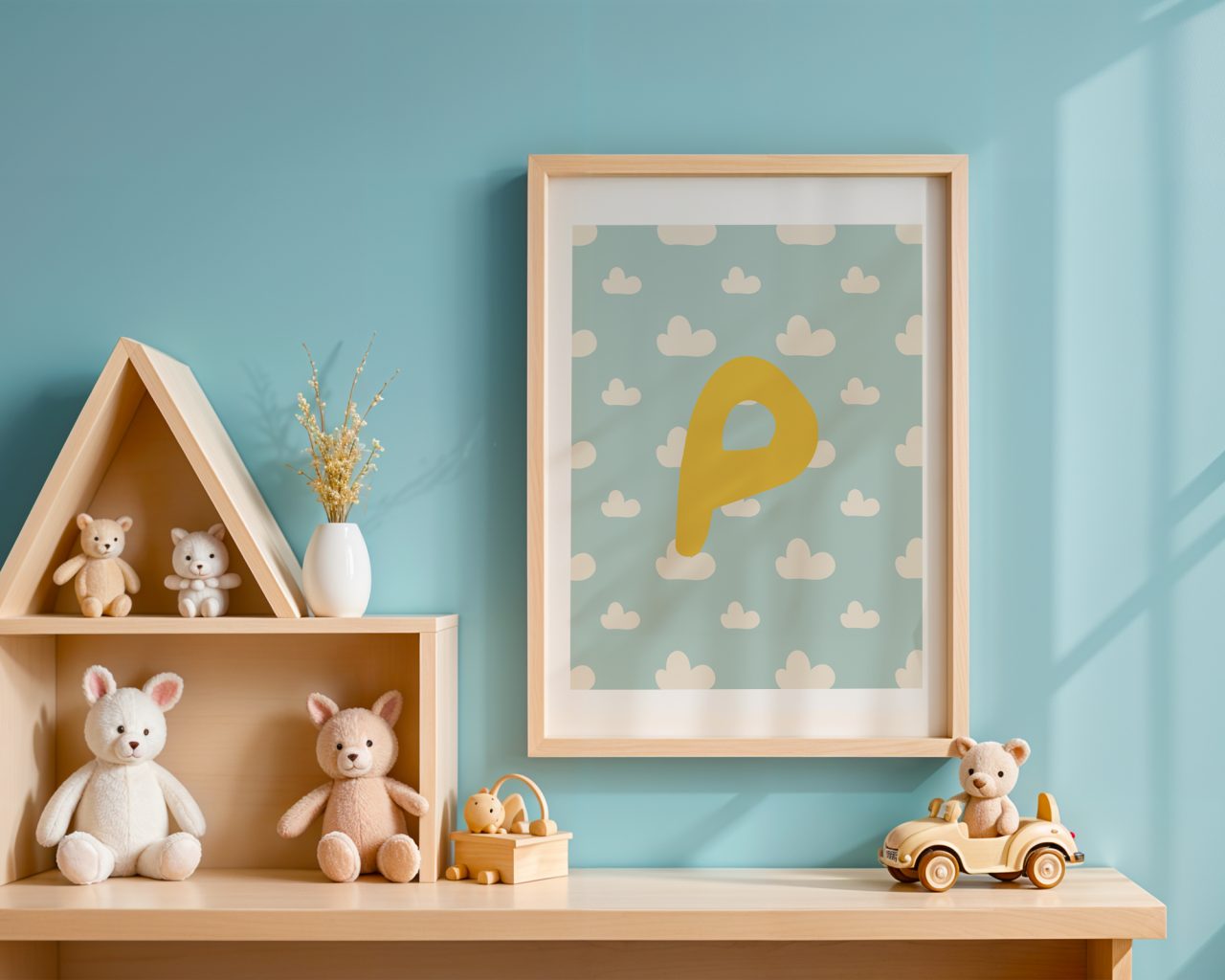 Làmina de color blau amn núvols i lletra P de color groc sobre un fons blau en una habitació amb ossets de peluix