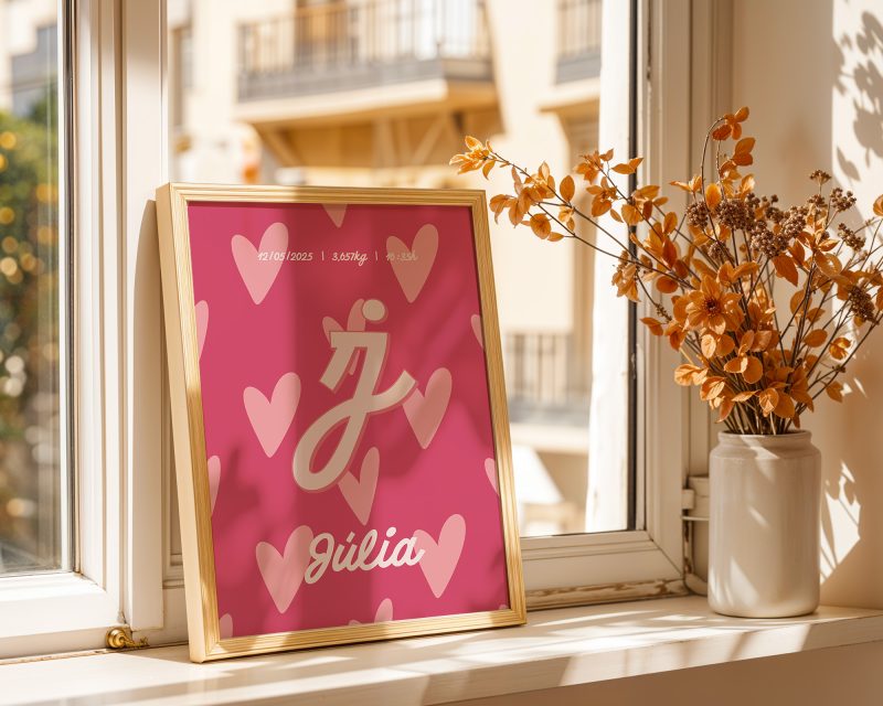 Làmina amb nom i data sobre la repisa d'una finestra