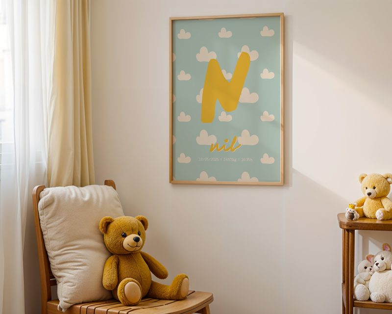 Marc amb núbols penjat a una paret blanca amb tres ossos de peluix al voltant