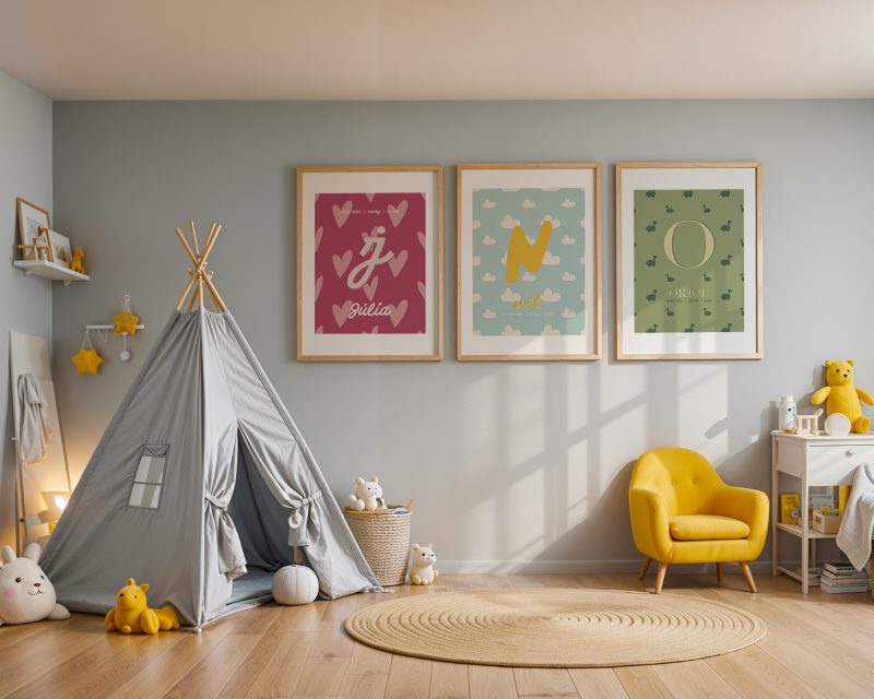 Habitació infantil amb les parets de color blau i mobles de color groc amb tres quadres penjats a la paret amb làmines de cors, dinosaures i núvols