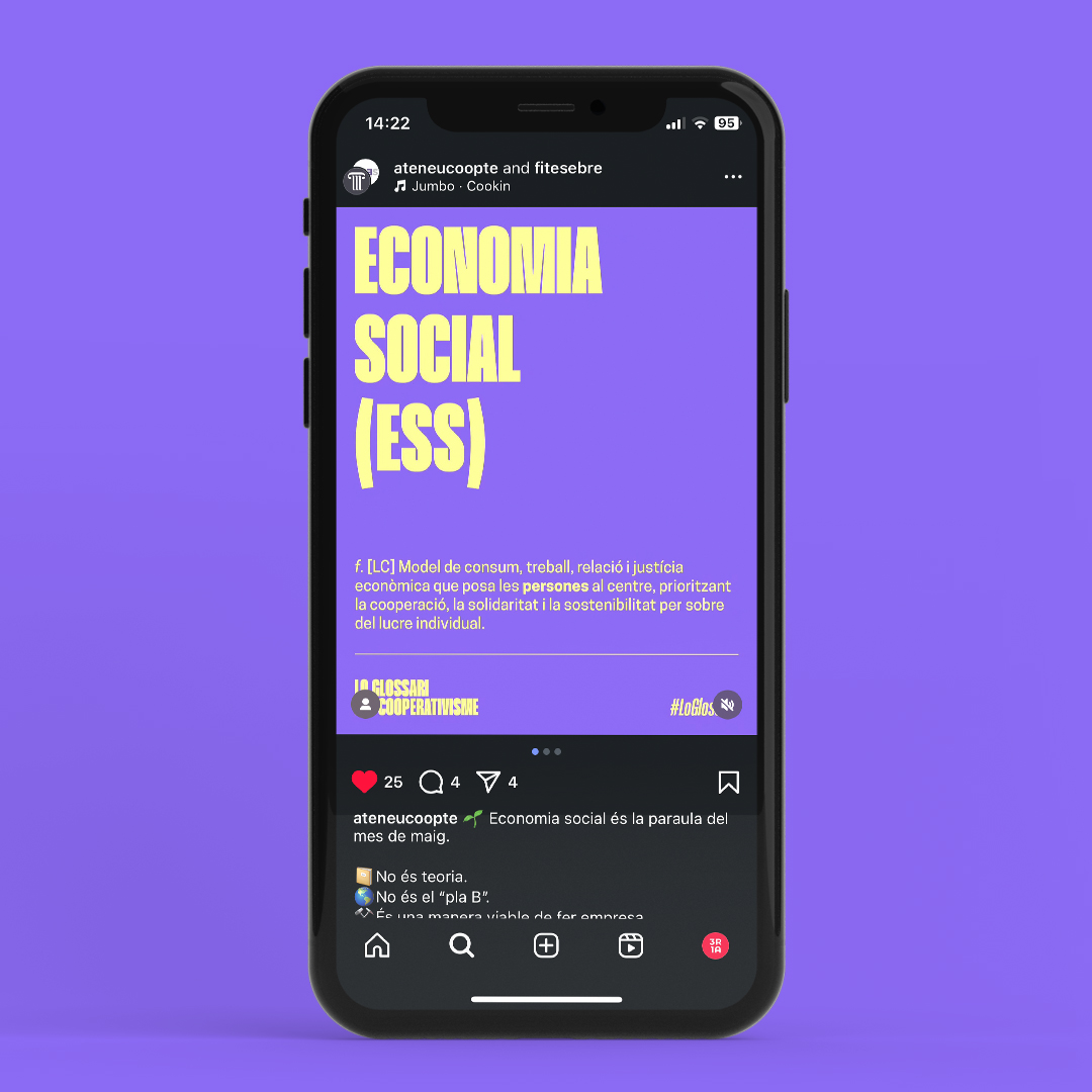 iPhone amb un post a l'instagram amb la campanya per a xarxes socials #LoGlossari sobre un fons lila