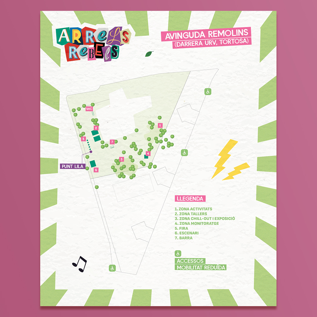 Mapa de situació del festival Arrels Rebels sobre un fons rosa